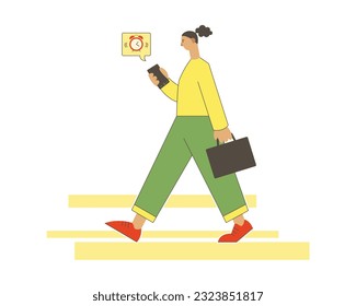 Business management. Concentrated woman walk and use smartphone to control task and time. Mobile apps help manage schedule and planning time. Flat vector illustration