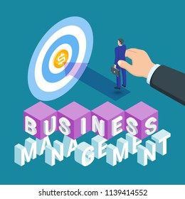 Business management concept. Image of a light bulb and a businessman. Highly detailed vector illustration of isometric objects