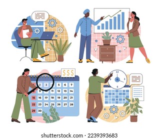 Business management concept. Men and women effectively manage time, make list of tasks and planning using calendar. Productive employees. Cartoon flat vector collection isolated on white background