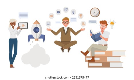 Business management concept. Office man and woman character vector design. Business people working in office planning, thinking and economic analysis on isolated white background.
