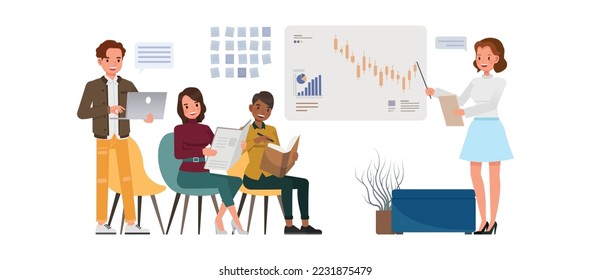 Business management concept. Office man and woman character vector design. Business people working in office planning, thinking and economic analysis on isolated white background.