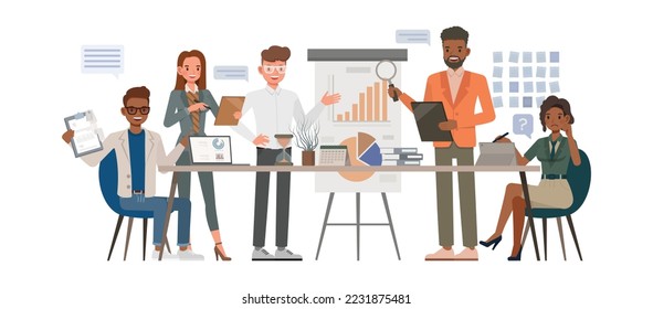 Business management concept. Office man and woman character vector design. Business people working in office planning, thinking and economic analysis on isolated white background.