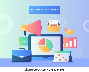 Business management concept suitcase pie chart on computer screen background of calendar email message notification megaphone with flat style.