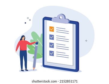 Business management concept. Business woman with a giant pencil and checklist on a clipboard paper. Successful completion of business tasks. Vector illustration. 