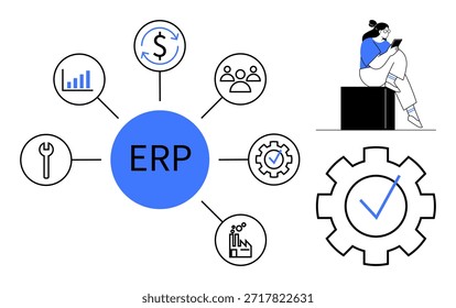 Gestión empresarial, análisis de datos, integración de sistemas, planificación de flujos de trabajo, automatización y toma de decisiones. Icono central de ERP con símbolos relacionados. Gestión empresarial y análisis de datos