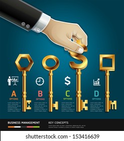 Business management diagram concept. businessman hand with key symbol. Vector illustration. can be used for workflow layout, diagram, number options , web design, infographics.