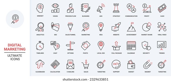 Business management, digital marketing, social media strategy red black thin line icons set vector illustration. Business technology esearch market, target information advertising campaign product