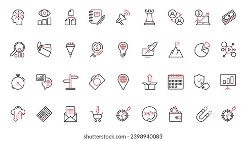 Business management, digital marketing, social media strategy red black thin line icons set vector illustration. Business technology esearch market, target information advertising campaign product