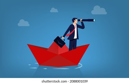 Business management and direction. Businessman holding telescope on paper boat symbol.