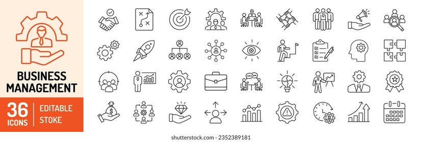 Business Management editable stroke outline Icons set. Business, teamwork, management, leadership, governance, marketing, planning and training. Vector illustration