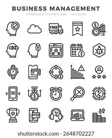 Elementos de gerenciamento de negócios. Conjunto de ícones da Web linear. Ilustração de vetor simples.