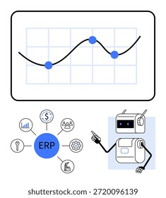 Gestión empresarial, operaciones de Empresa, análisis de datos, herramientas de automatización, seguimiento financiero, optimización del flujo de trabajo. Gráfico con nodos, diagrama ERP robot apuntando. Gestión empresarial