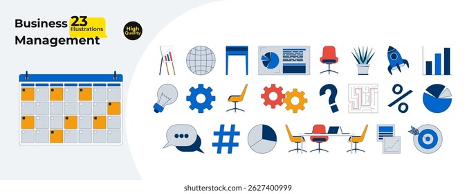 Business management essentials cartoon flat illustrations mega bundle. Calendar, charts, gears, office desk, piechart, target, rocket 2D images isolated on white. Collection vector drawings colorful