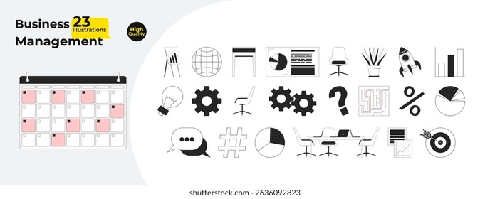 Business management essentials outline illustrations mega bundle. Calendar, charts, gears, office desk, piechart, target, rocket 2D linear images isolated. Collection black and white vector drawings