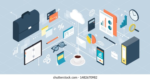 Business, management and financial services: isometric work desktop equipment and concepts connecting together