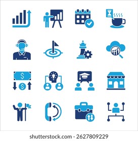 Business management flat icon set. Contains icon of businessman, target, accounting, finance, profit, success, data, service, information, work, store, meeting, education, idea. Vector illustration