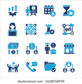 Business management flat icon set. Contains icon of businessman, target, accounting, finance, profit, success, data, service, information, work, store, meeting, education, idea. Vector illustration
