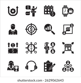 Business management flat icon set. Contains icon of businessman, target, accounting, finance, profit, success, data, customer service, work, store, shop, meeting, education, idea. Vector illustration