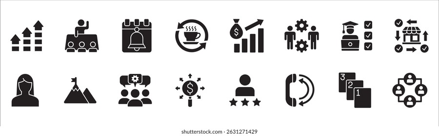 Business management flat icon set. Contains symbol of businessman, target, finance, success, data, customer service, work, money, store, shop, meeting, education, idea. Vector illustration