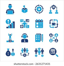 Business management flat icon set. Contains icon of businessman, target, accounting, finance, profit, success, data, service, information, work, store, meeting, education, idea. Vector illustration