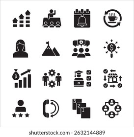Conjunto de iconos planos de gestión empresarial. Contiene ícono de hombre de negocios, objetivo, contabilidad, finanzas, ganancias, éxito, datos, Servicio al cliente, trabajo, tienda, tienda, reunión, educación, idea. Ilustración vectorial
