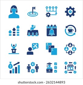 Business management flat icon set. Contains icon of businessman, target, accounting, finance, profit, success, data, service, information, work, store, meeting, education, idea. Vector illustration