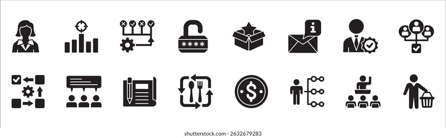 Business management flat icon set. Contains symbol of businessman, target, finance, lunchtime, success, hierarchy, data, reward, work, money, employee, task, shop, meeting, job. Vector illustration