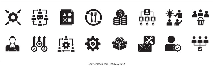 Business management flat icon set. Contains symbol of businessman, target, finance, lunchtime, success, hierarchy, data, reward, work, money, employee, task, shop, meeting, job. Vector illustration