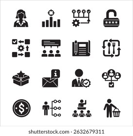 Business management flat icon set. Contains symbol of hierarchy, data, reward, work, money, employee, businessman, target, finance, lunchtime, success, task, shop, meeting, job. Vector illustration