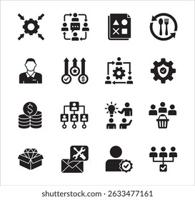 Business management flat icon set. Contains symbol of hierarchy, data, reward, work, money, employee, businessman, target, finance, lunchtime, success, task, shop, meeting, job. Vector illustration