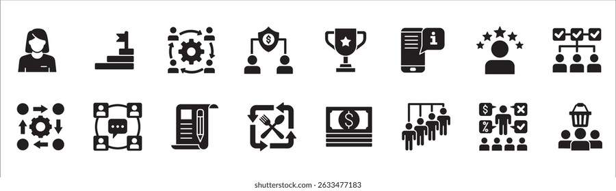Business management flat icon set. Contains symbol of businessman, target, finance, lunchtime, success, hierarchy, data, reward, work, money, employee, task, shop, meeting, job. Vector illustration