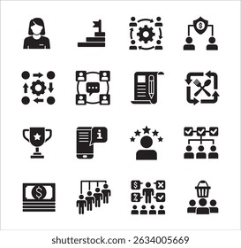 Business management flat icon set. Contains symbol of hierarchy, data, reward, work, money, employee, businessman, target, finance, lunchtime, success, task, shop, meeting, job. Vector illustration