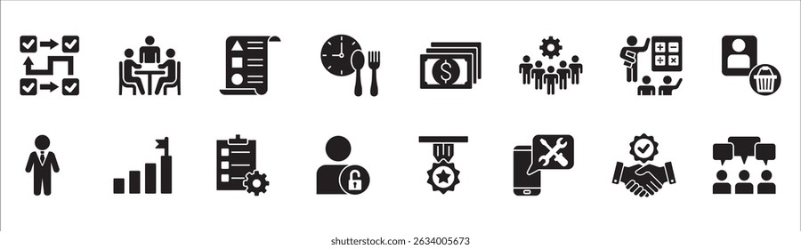 Business management flat icon set. Contains symbol of businessman, target, finance, lunchtime, success, hierarchy, data, reward, work, money, employee, task, shop, meeting, job. Vector illustration