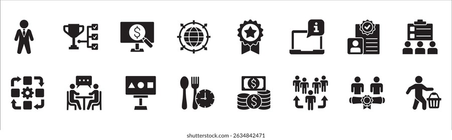 Business management flat icon set. Contains symbol of businessman, target, finance, lunchtime, success, hierarchy, data, reward, work, money, employee, task, shop, meeting, job. Vector illustration