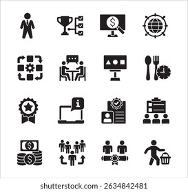 Business management flat icon set. Contains symbol of hierarchy, data, reward, work, money, employee, businessman, target, finance, lunchtime, success, task, shop, meeting, job. Vector illustration