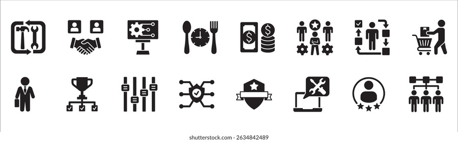 Business management flat icon set. Contains symbol of businessman, target, finance, lunchtime, success, hierarchy, data, reward, work, money, employee, task, shop, meeting, job. Vector illustration