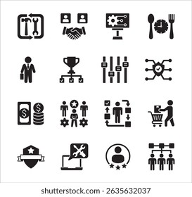 Business management flat icon set. Contains symbol of hierarchy, data, reward, work, money, employee, businessman, target, finance, lunchtime, success, task, shop, meeting, job. Vector illustration