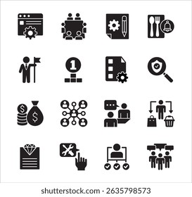 Business management flat icon set. Contains symbol of hierarchy, data, reward, work, money, employee, businessman, target, finance, lunchtime, success, task, shop, meeting, job. Vector illustration