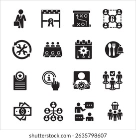 Business management flat icon set. Contains symbol of hierarchy, data, reward, work, money, employee, businessman, target, finance, lunchtime, success, task, shop, meeting, job. Vector illustration