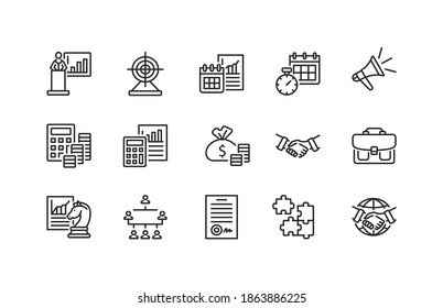 Business and management flat line icons set. Vector illustration component parts for a successful company. Editable strokes.