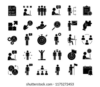 Business management glyph icons set. Headhunting and HR management. Teamwork and leadership. Business development. Silhouette symbols. Vector isolated illustration