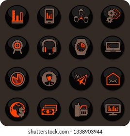 Business management and human resources color vector icons on dark background for user interface design