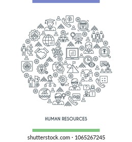 Business management and human resources concept. Modern icons on theme business people, analysis, organization, conference and office working. Thin line design icons collection. Vector illustration