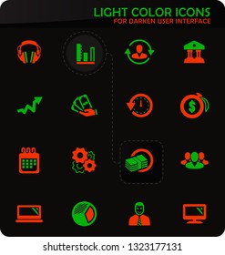 Business management and human resources easy color vector icons on darken background for user interface design