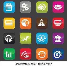 Business-Management und Human-Resources-Vektorsymbole für das Design der Benutzeroberfläche. Farbige Tasten auf dunklem Hintergrund