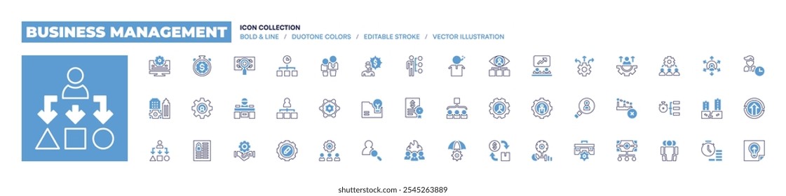 Icono de gestión empresarial colección. Estilo de línea en negrita. Colores duotónicos. Obligación, contrato, motivación, hombre de negocios, equipo, usuario, incorporación, gerente de recursos humanos, proyecto.