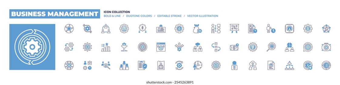 Business management icon collection. Bold line style. Duotone colors. Editable stroke. oil industry, schemes, recession, sustain, clipboard, decision making, id card, new, pie chart.