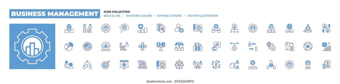 Icono de gestión empresarial colección. Estilo de línea en negrita. Colores duotónicos. Trazo editable. datos, presupuesto, planificación, finanzas, despedido, gestión, gestión de riesgos, esquema.