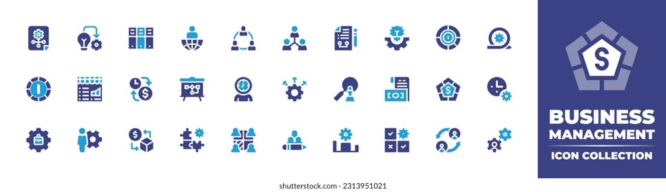 Business management icon collection. Duotone color. Vector illustration. Containing project, implementation, files, leader, network, settings, money, sprint, stock market, time is money, strategy.