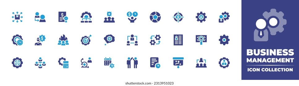 Business management icon collection. Duotone color. Vector illustration. Containing delivery, refer, contract, process, teamwork, decision, headhunting, management, productivity, obligation.